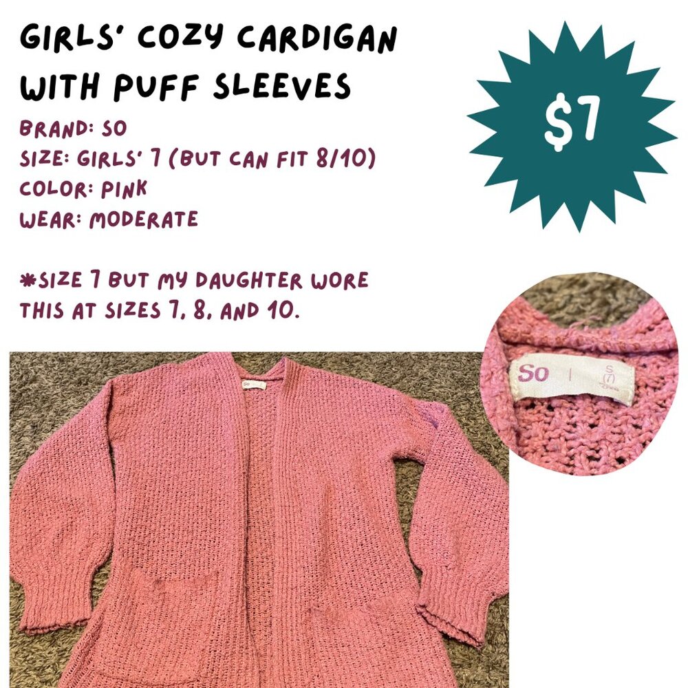 Girls' Pink Cardigan with Puff Sleeves, Size 7, SO